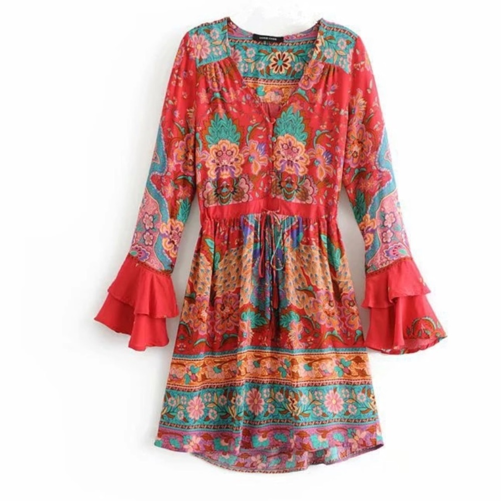 Gypsy Peacock Lotus Playdress Ruby Floral Boho S folk peasant red tunic